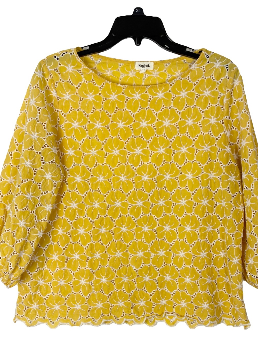 Nwot Kindred Blouse XLP Yellow Floral Eyelet Long Sleeve Cotton